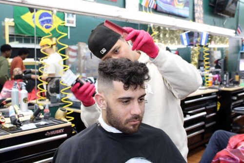 Curly hair fade haircut at Bay State Barbershop in Norwood MA